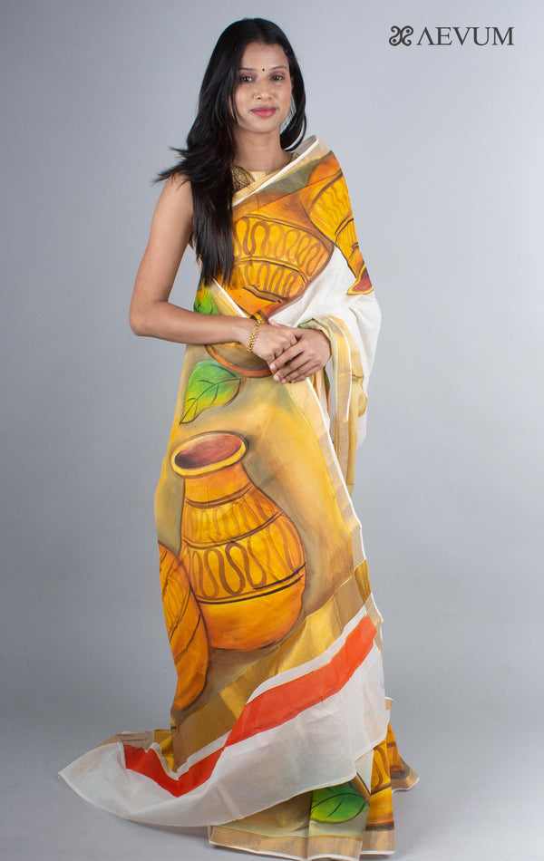 Kerala Cotton Hand Painted Saree with Blouse Piece - 4245 - AEVUM