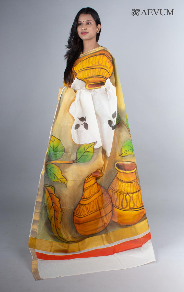Kerala Cotton Hand Painted Saree with Blouse Piece - 4245 Saree Joydeep Ganguly   