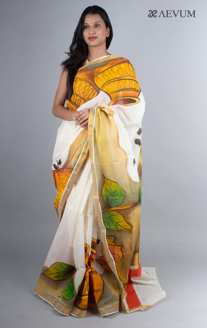 Kerala Cotton Hand Painted Saree with Blouse Piece - 4245 Saree AEVUM