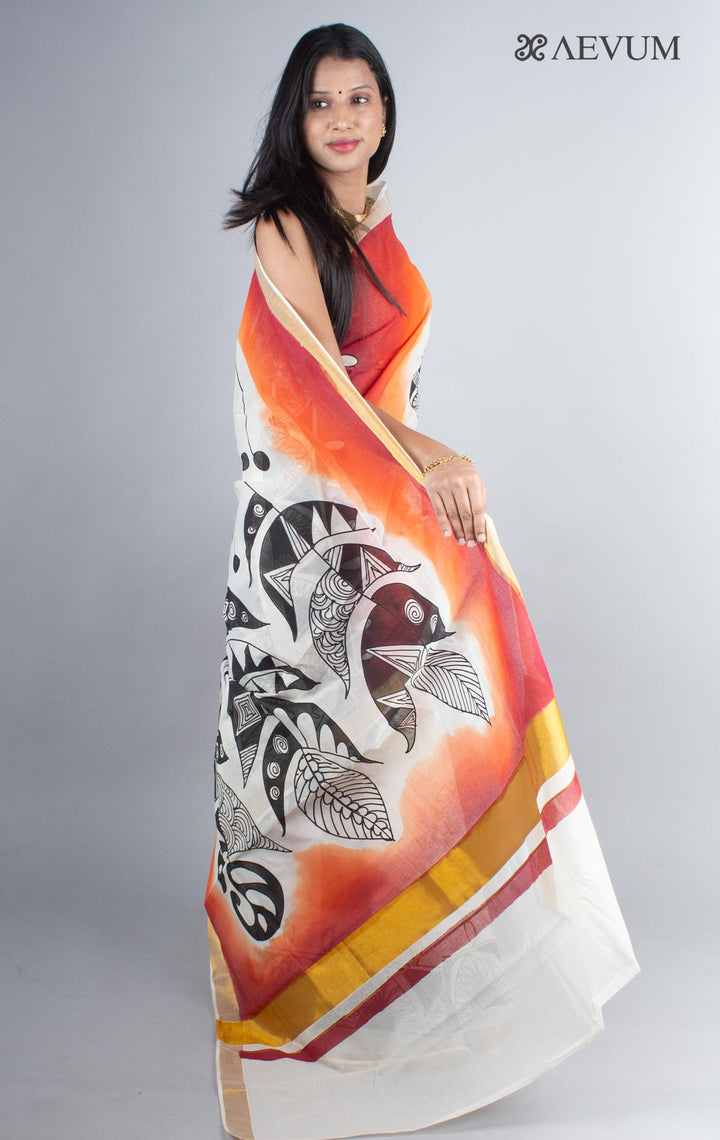 Kerala Cotton Hand Painted Saree with Blouse Piece - 4246 - AEVUM