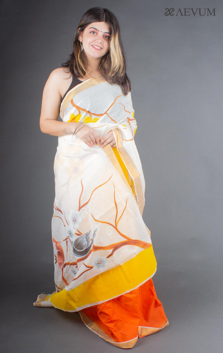 Kerala Cotton Hand Painted Saree with Blouse Piece - 4247 Saree Joydeep Ganguly   
