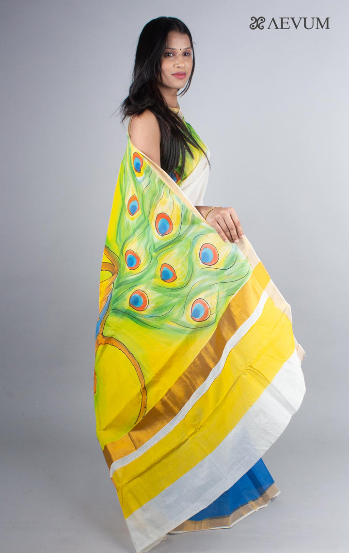 Kerala Cotton Hand Painted Saree with Blouse Piece - 4248 - AEVUM