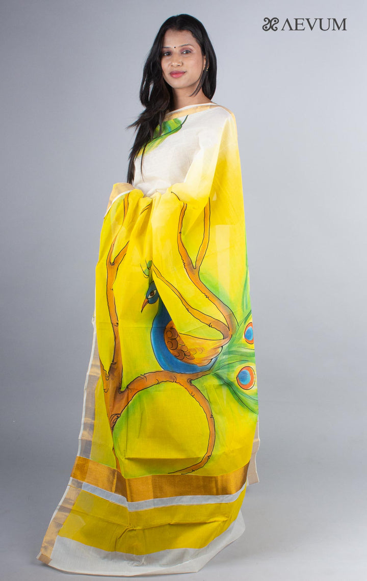 Kerala Cotton Hand Painted Saree with Blouse Piece - 4248 Saree Joydeep Ganguly   