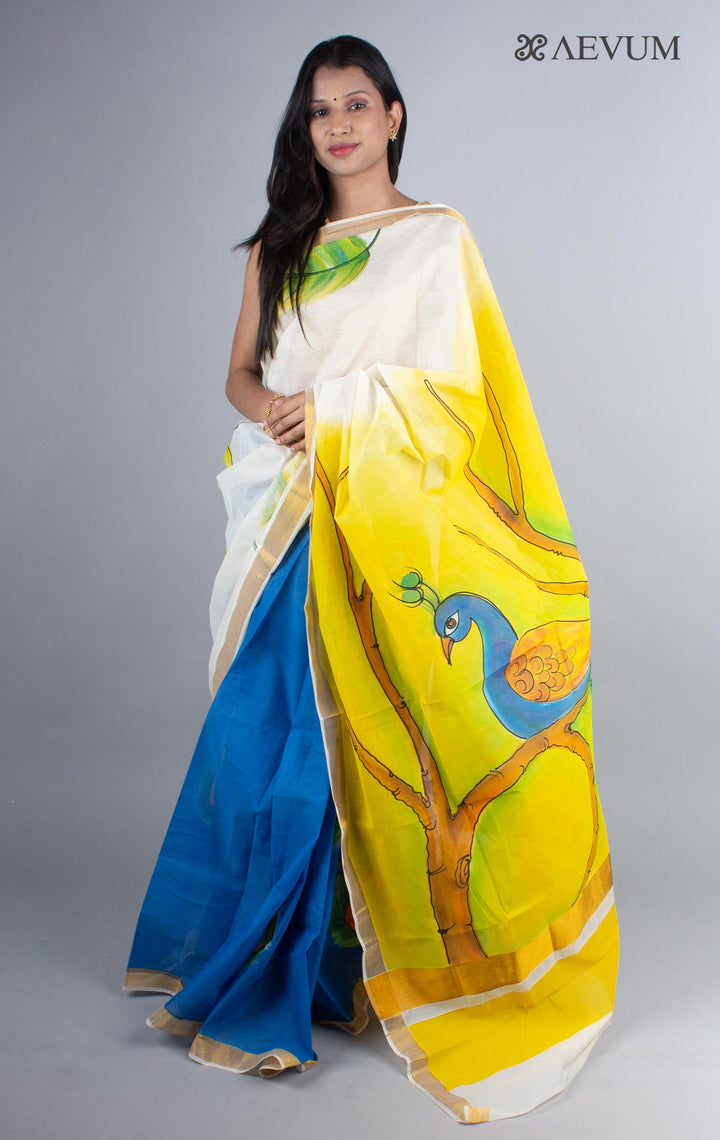 Kerala Cotton Hand Painted Saree with Blouse Piece - 4248 Saree Joydeep Ganguly   