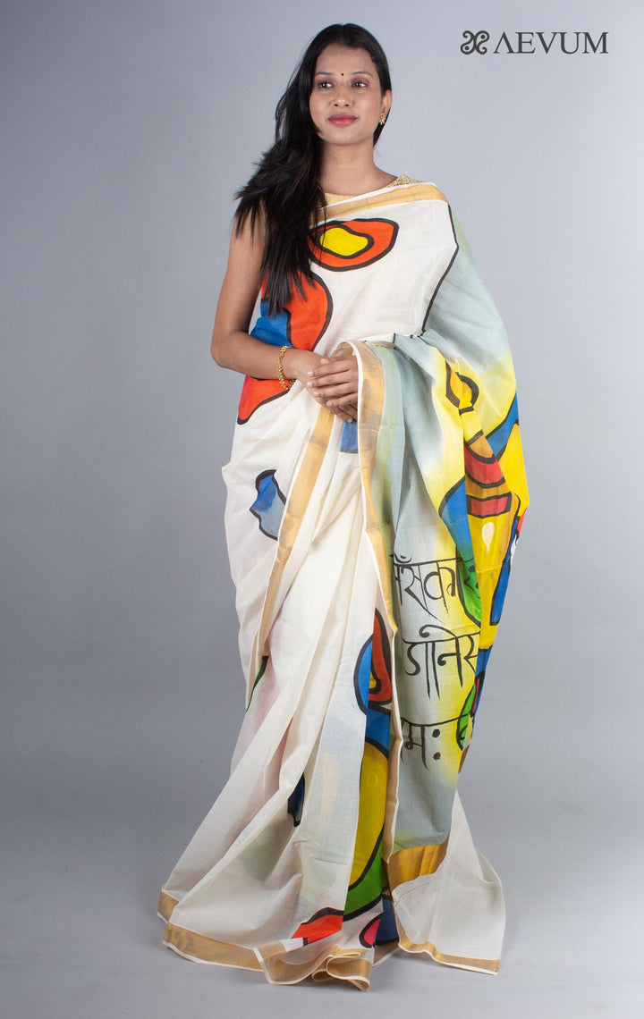 Kerala Cotton Hand Painted Saree with Blouse Piece - 4249 - AEVUM