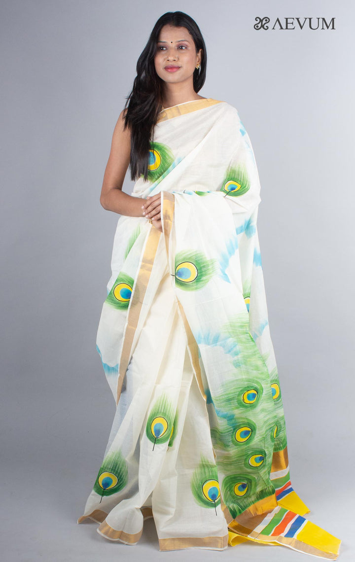 Kerala Cotton Hand Painted Saree with Blouse Piece - 4250 - AEVUM