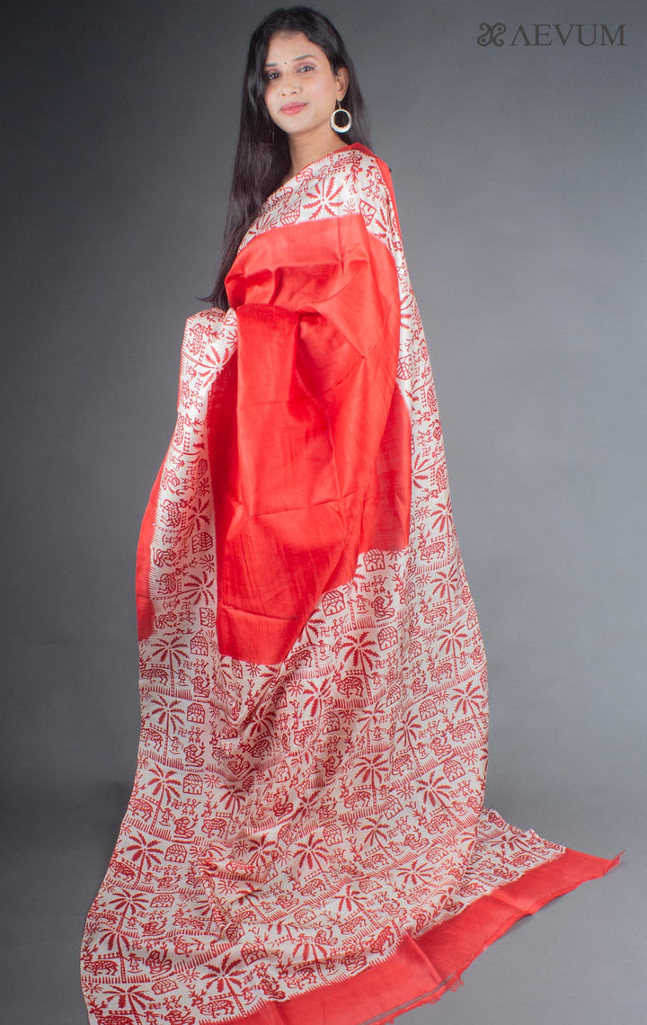 Bishnupur Block Printed Pure Silk Saree with Silk Mark and  Blouse Piece - 4253 - AEVUM