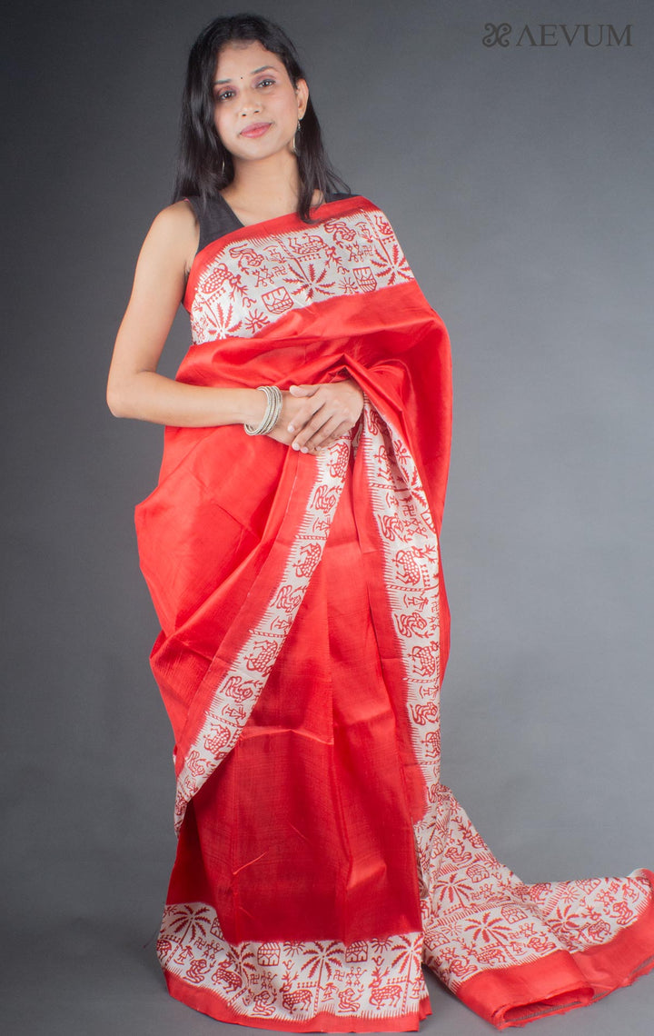 Bishnupur Block Printed Pure Silk Saree with Silk Mark and  Blouse Piece - 4253 - AEVUM