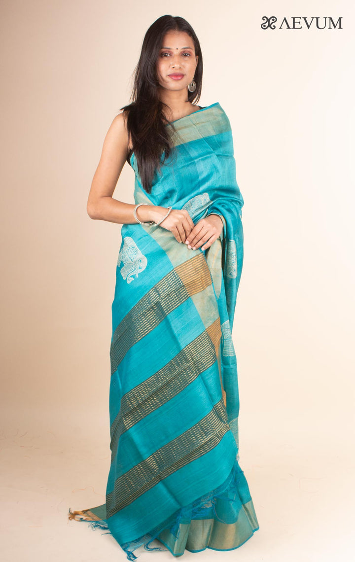 Zari Tussar Silk Saree Hand Block Printed with Silk Mark - 4594 - AEVUM