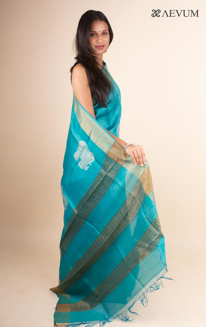 Zari Tussar Silk Saree Hand Block Printed with Silk Mark - 4594 - AEVUM