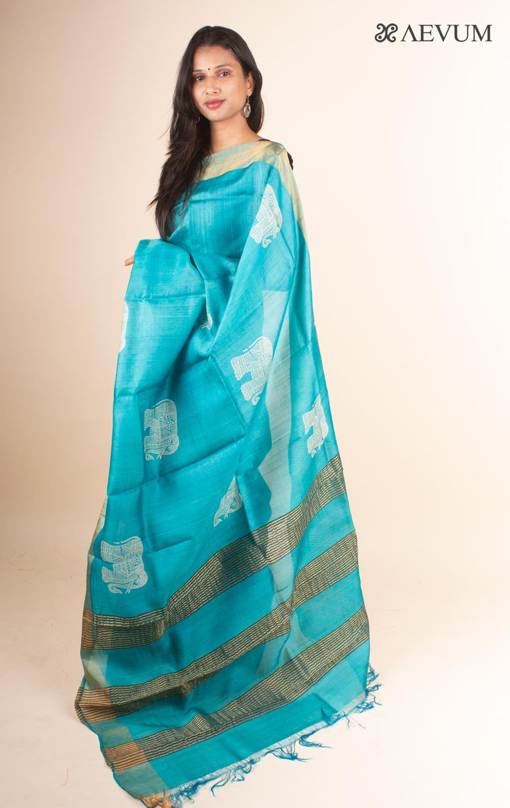 Zari Tussar Silk Saree Hand Block Printed with Silk Mark - 4594 - AEVUM