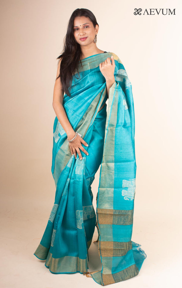 Zari Tussar Silk Saree Hand Block Printed with Silk Mark - 4594 - AEVUM