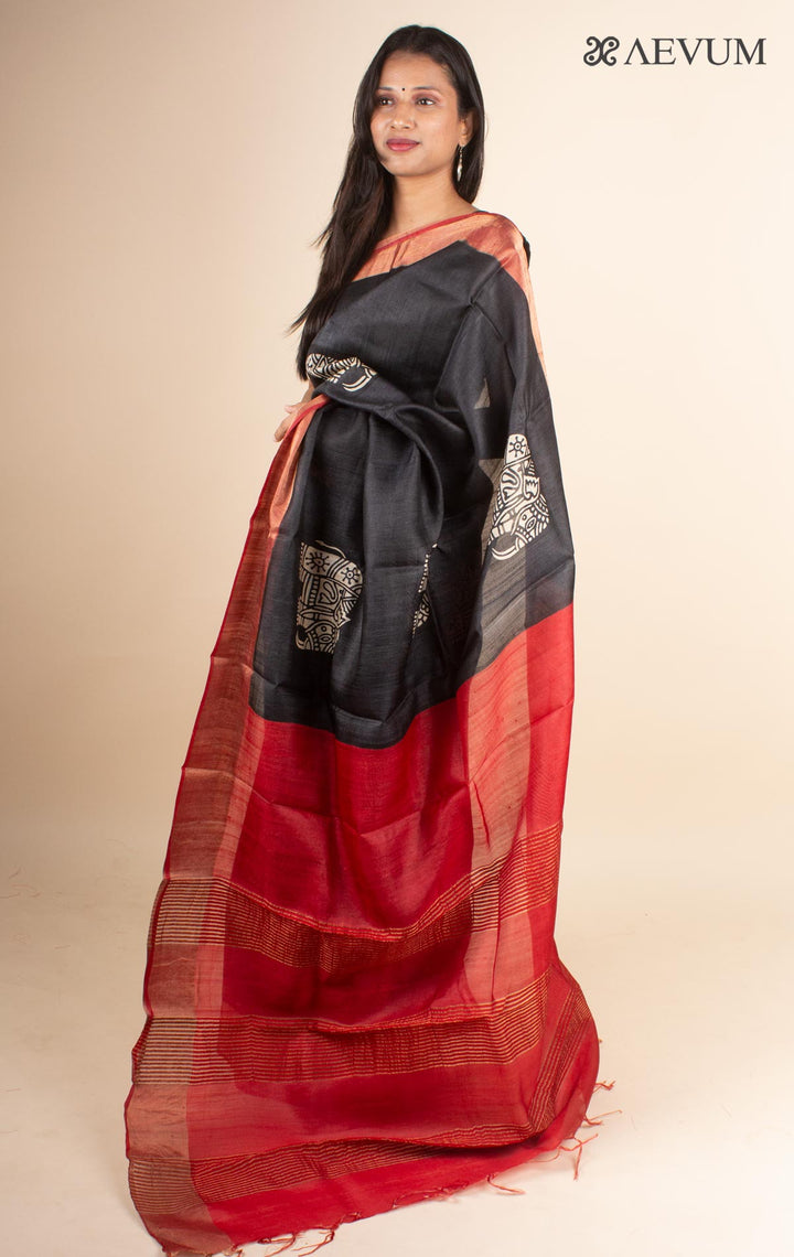 Zari Tussar Silk Saree Hand Block Printed with Silk Mark - 4595 - AEVUM