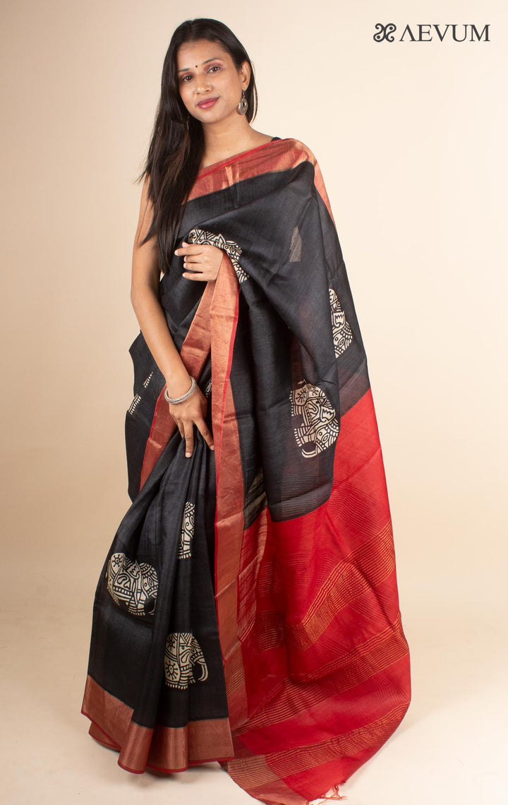 Zari Tussar Silk Saree Hand Block Printed with Silk Mark - 4595 - AEVUM