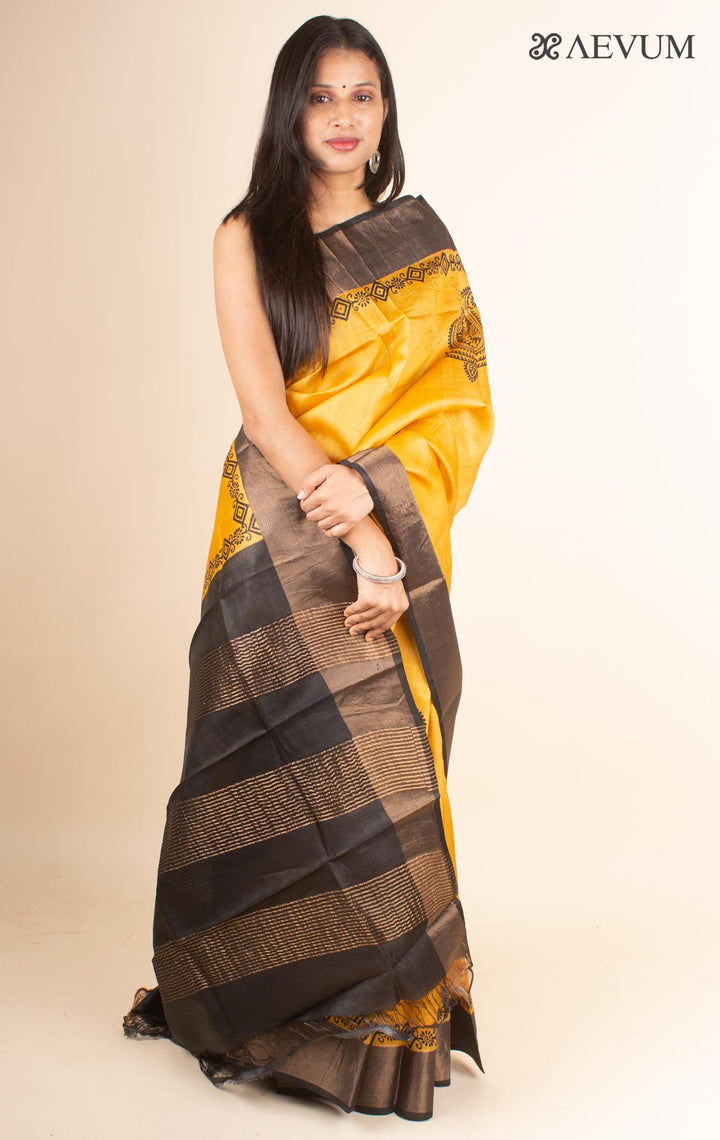 Zari Tussar Silk Saree Hand Block Printed with Silk Mark - 4596 - AEVUM