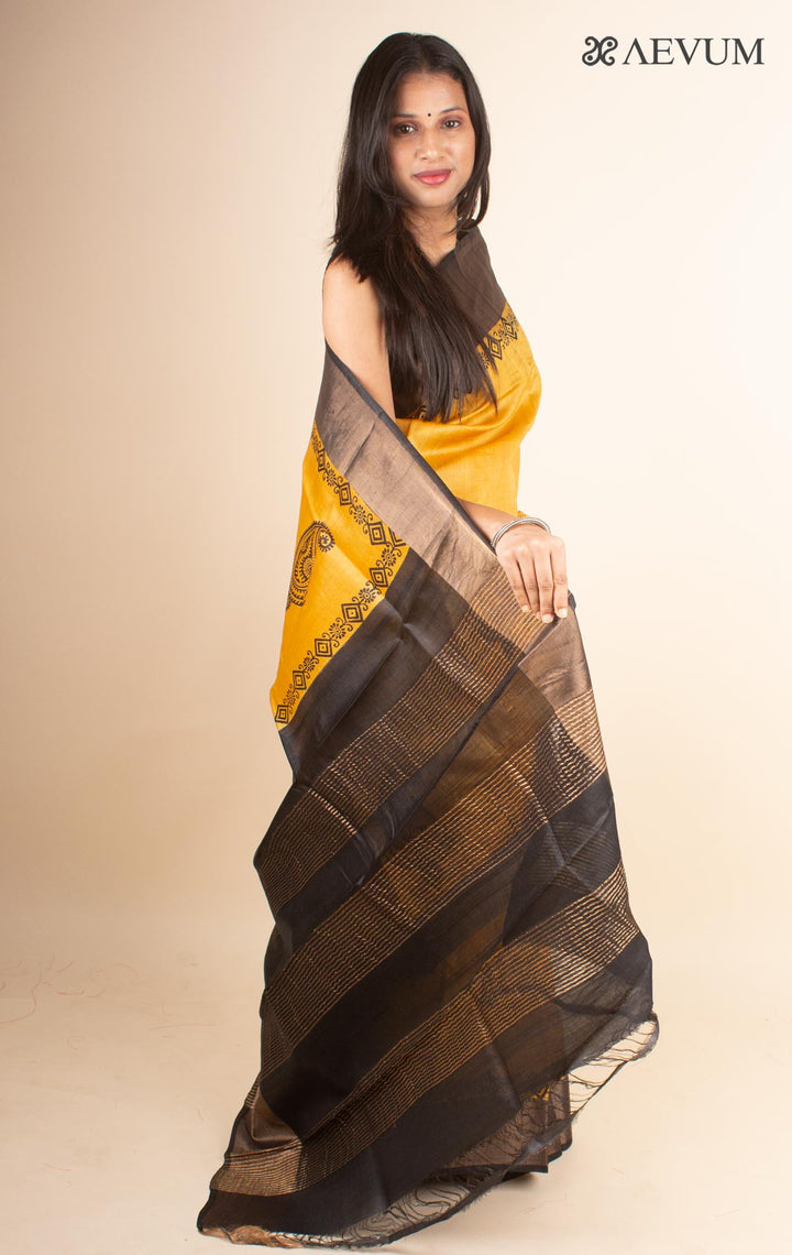Zari Tussar Silk Saree Hand Block Printed with Silk Mark - 4596 - AEVUM