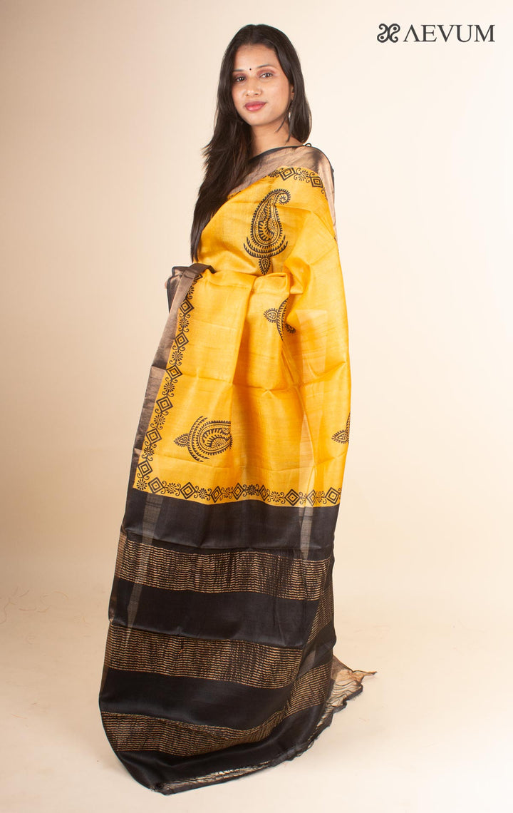 Zari Tussar Silk Saree Hand Block Printed with Silk Mark - 4596 - AEVUM