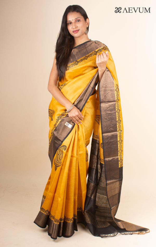 Zari Tussar Silk Saree Hand Block Printed with Silk Mark - 4596 - AEVUM