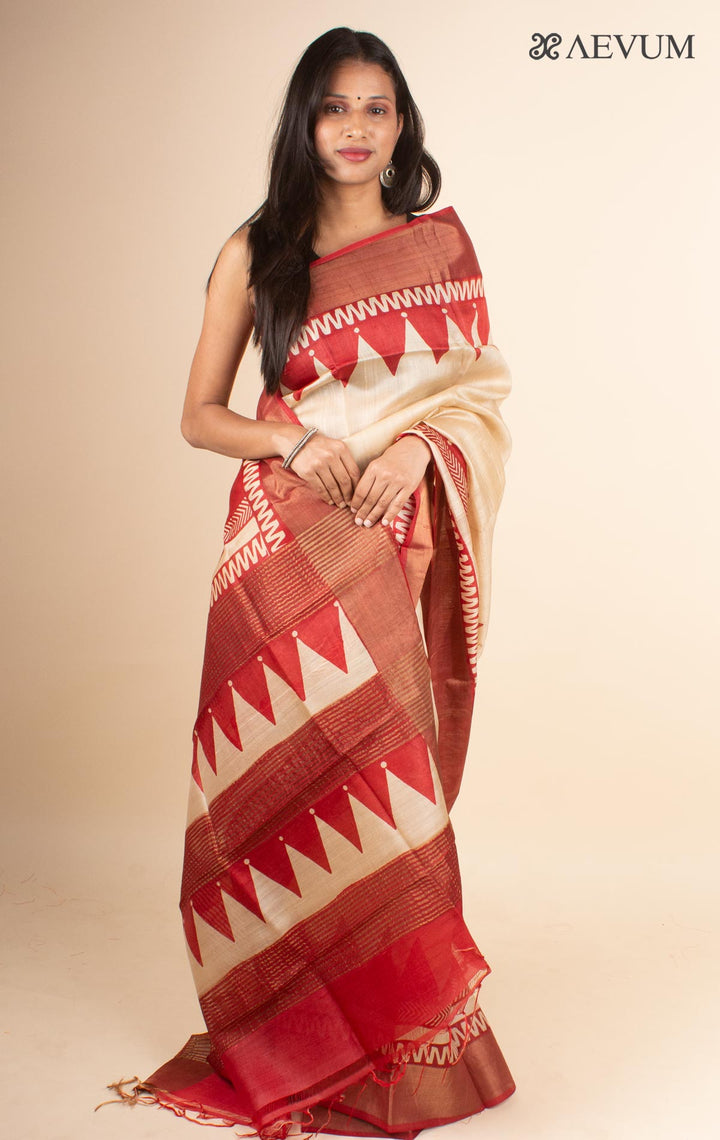 Zari Tussar Silk Saree Hand Block Printed with Silk Mark - 4598 - AEVUM