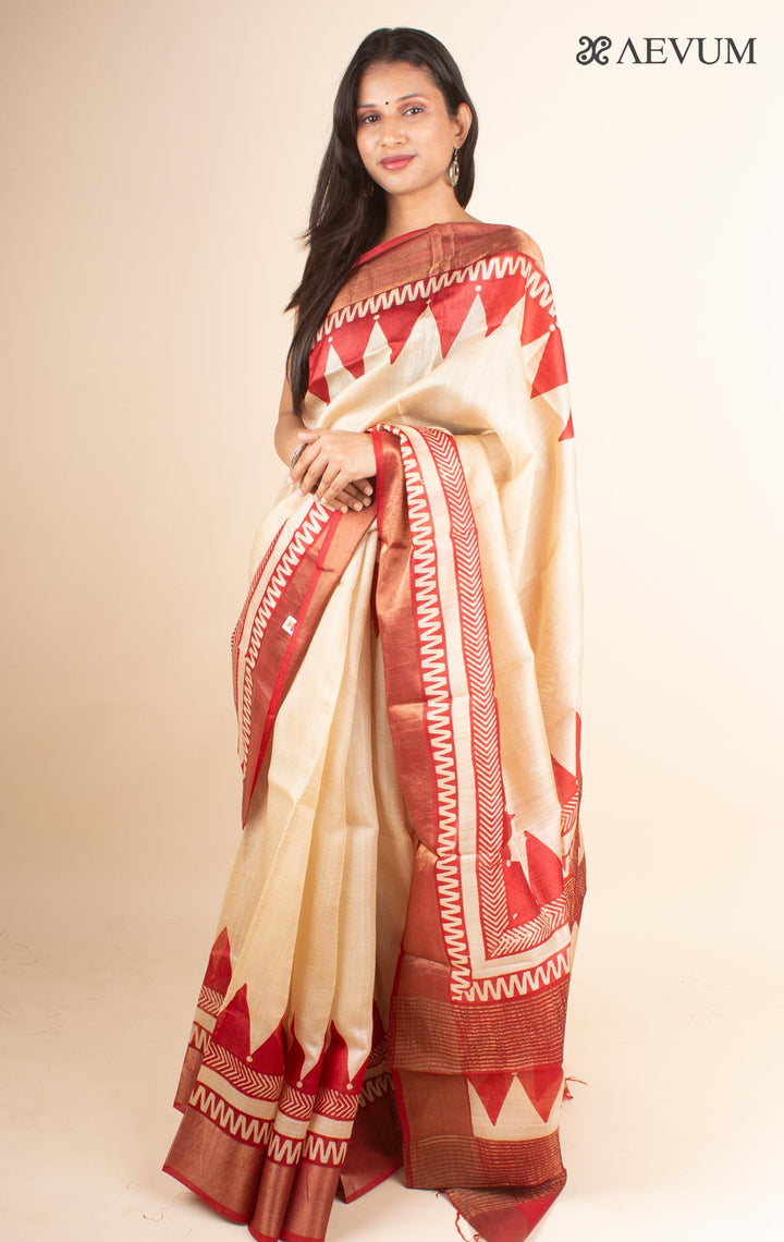 Zari Tussar Silk Saree Hand Block Printed with Silk Mark - 4598 - AEVUM