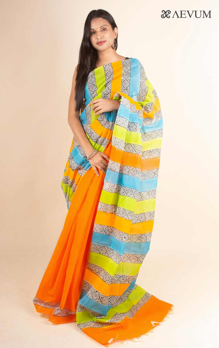 Tant Block Printed Cotton Saree without Blouse Piece - 4695 - AEVUM