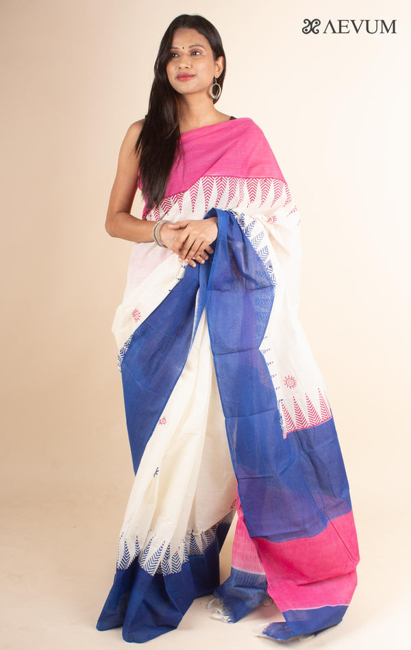 Tant Block Printed Cotton Saree without Blouse Piece - 4696 Saree Joydeep Ganguly   