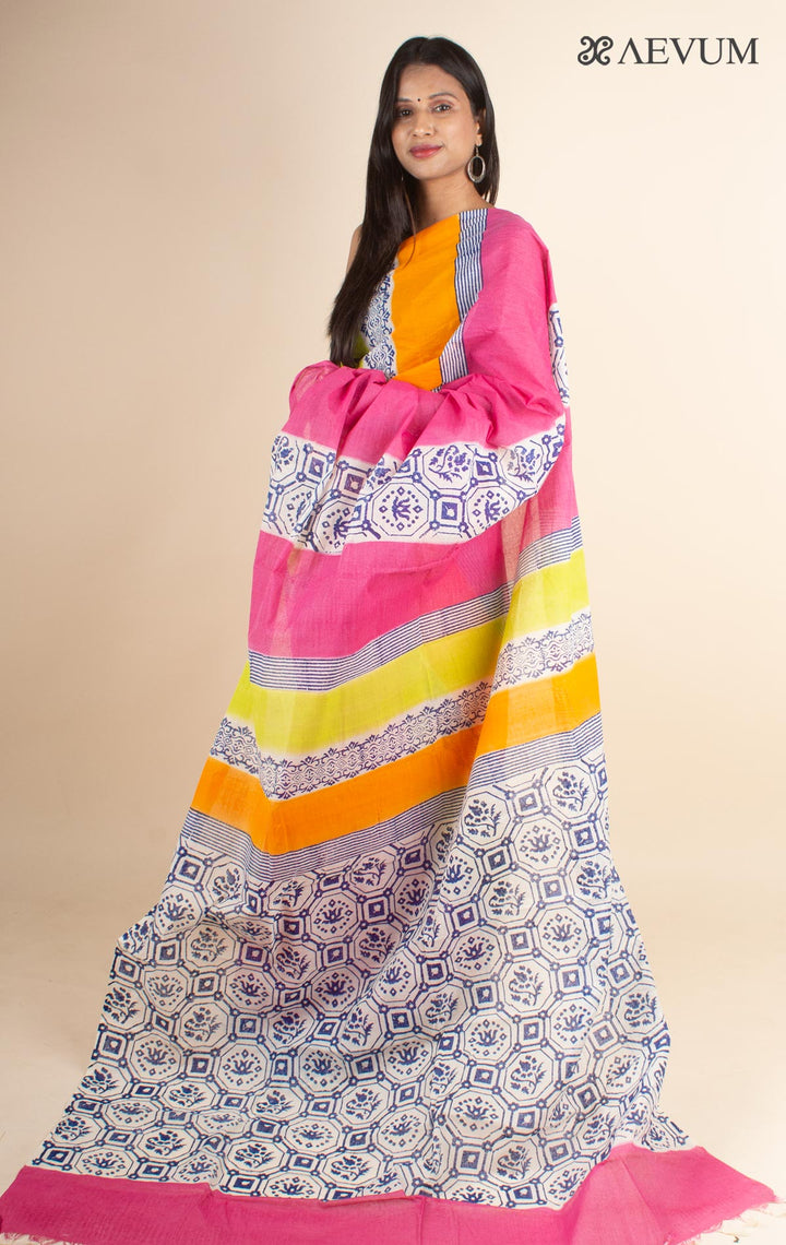 Tant Block Printed Cotton Saree without Blouse Piece - 4697 Saree Joydeep Ganguly   