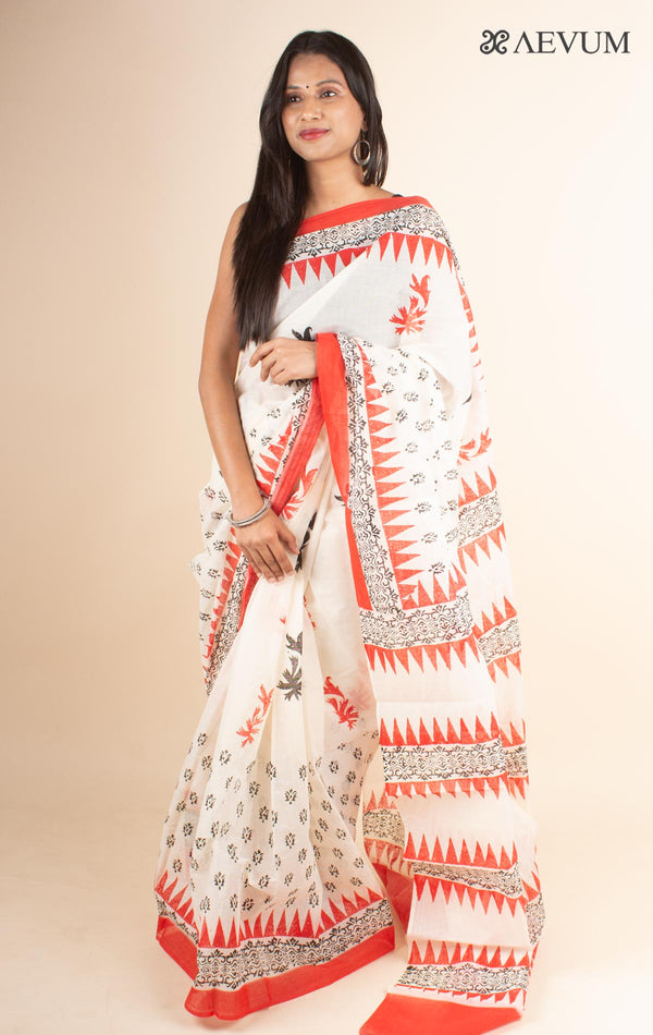 Tant Block Printed Cotton Saree without Blouse Piece - 4698 Saree Joydeep Ganguly   