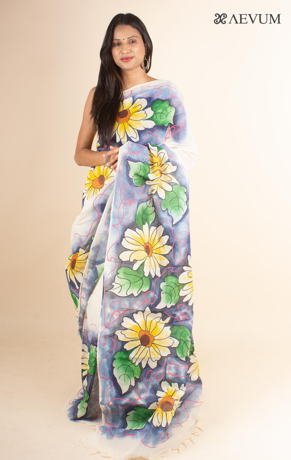 Floral Tant Hand Painted Cotton Saree without Blouse Piece - 4699 Saree Joydeep Ganguly   