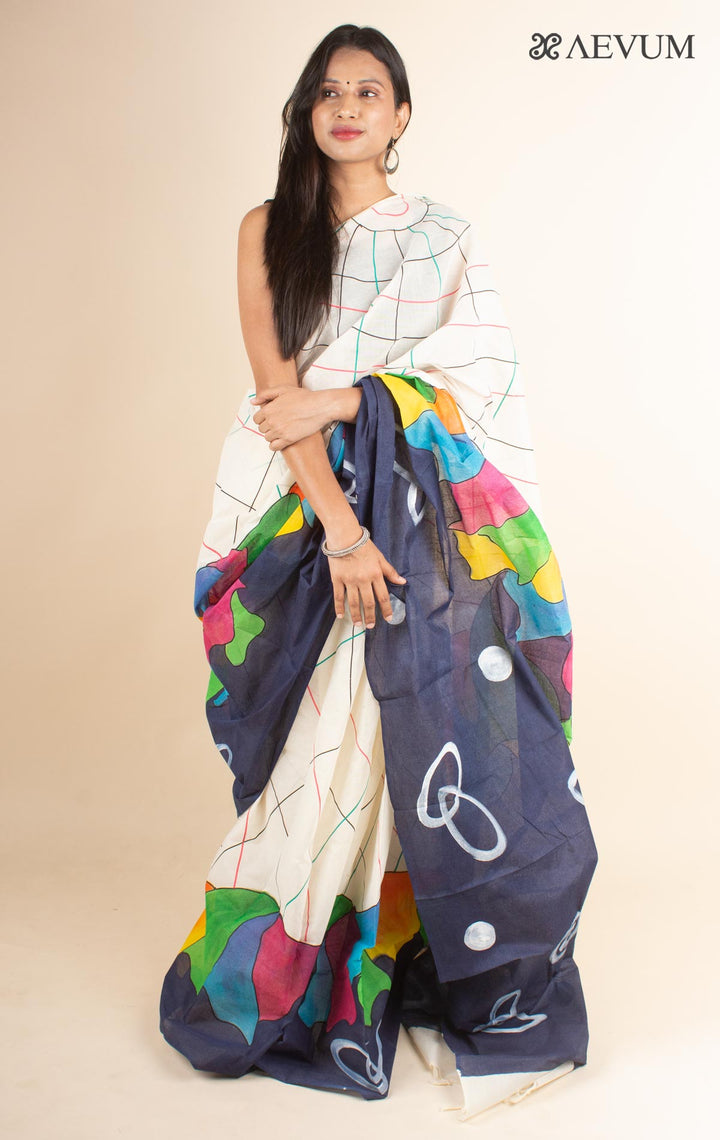 Hand Painted Cotton Tant Saree without Blouse Piece - 4701 - AEVUM