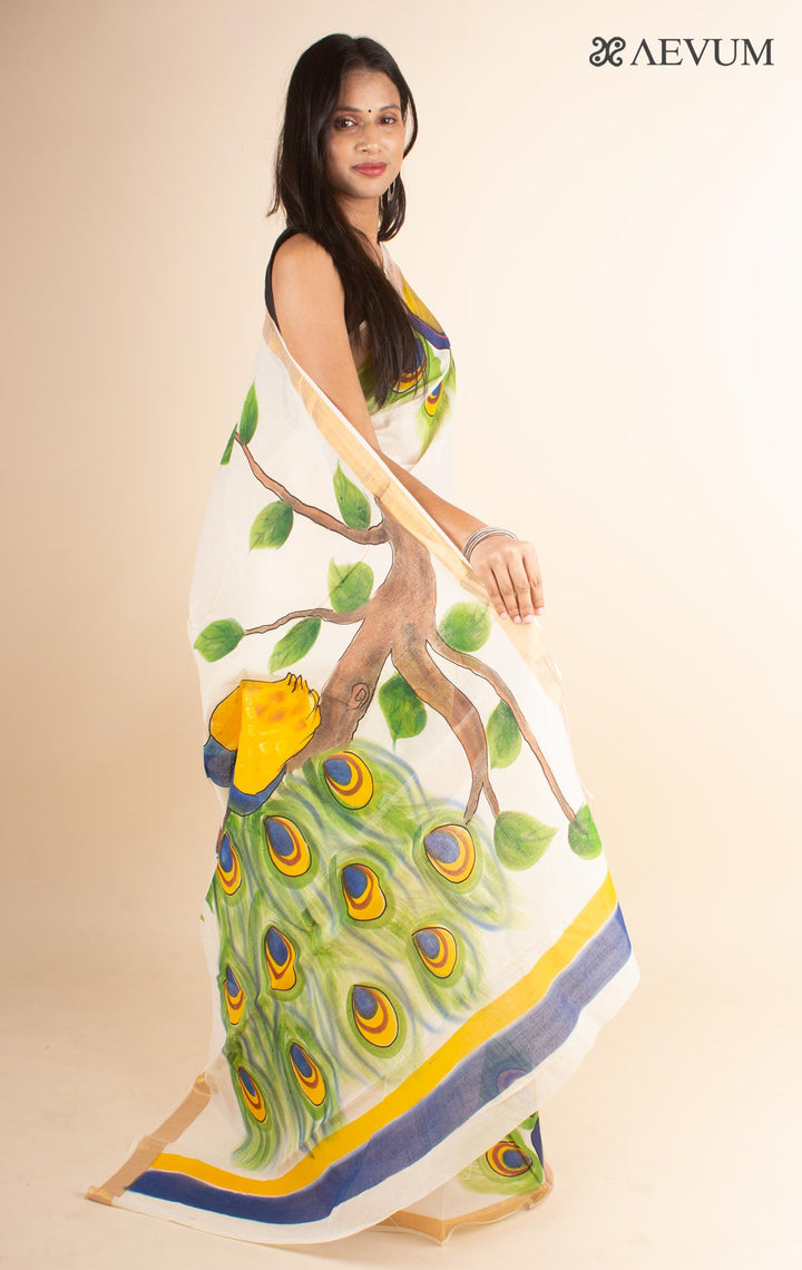 Kerala Cotton Hand Painted Saree with Blouse Piece - 4715 - AEVUM