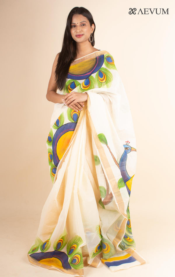 Designer Hand Painted Peacock Motif Kerela Cotton Saree KHP01 main image 1