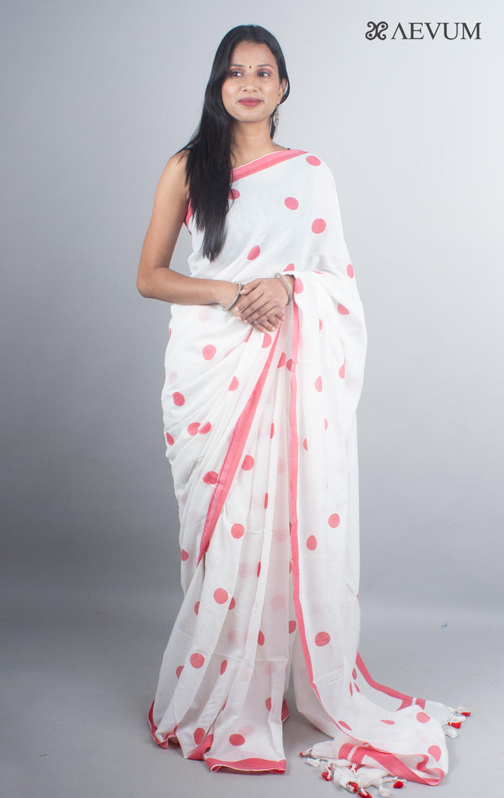 Polka Dot Mulmul Cotton Saree - 4928 - AEVUM