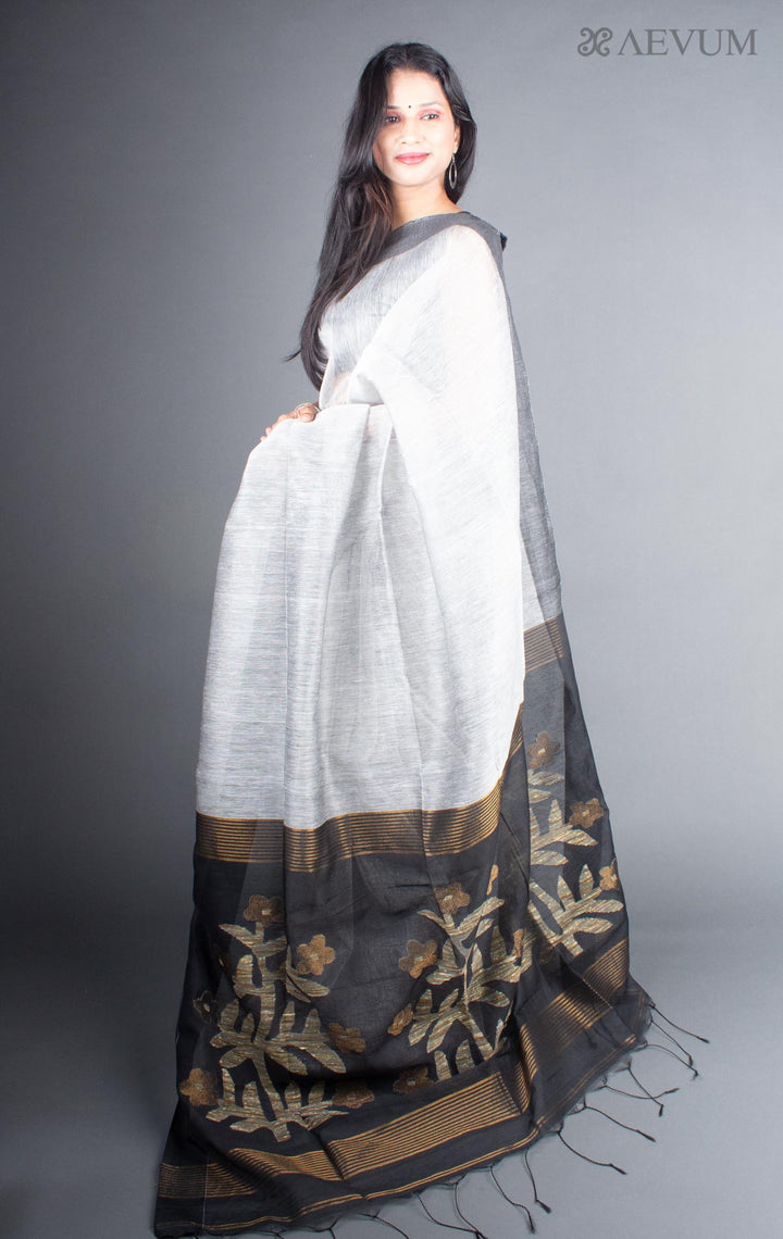 Silver Grey Silk Linen Saree with Blouse Piece - 5733 Saree Riya's Collection   