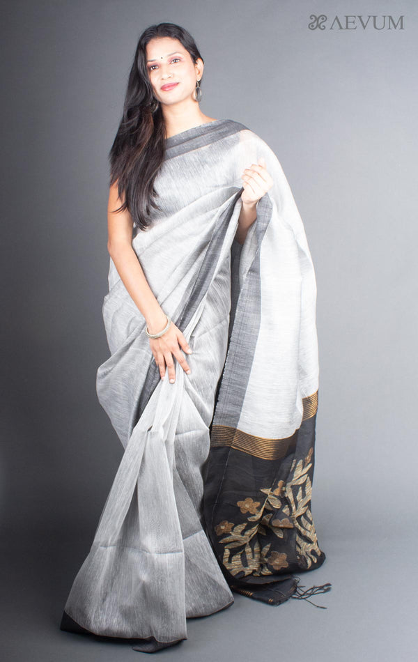 Silver Grey Silk Linen Saree with Blouse Piece - 5733 Saree Riya's Collection   