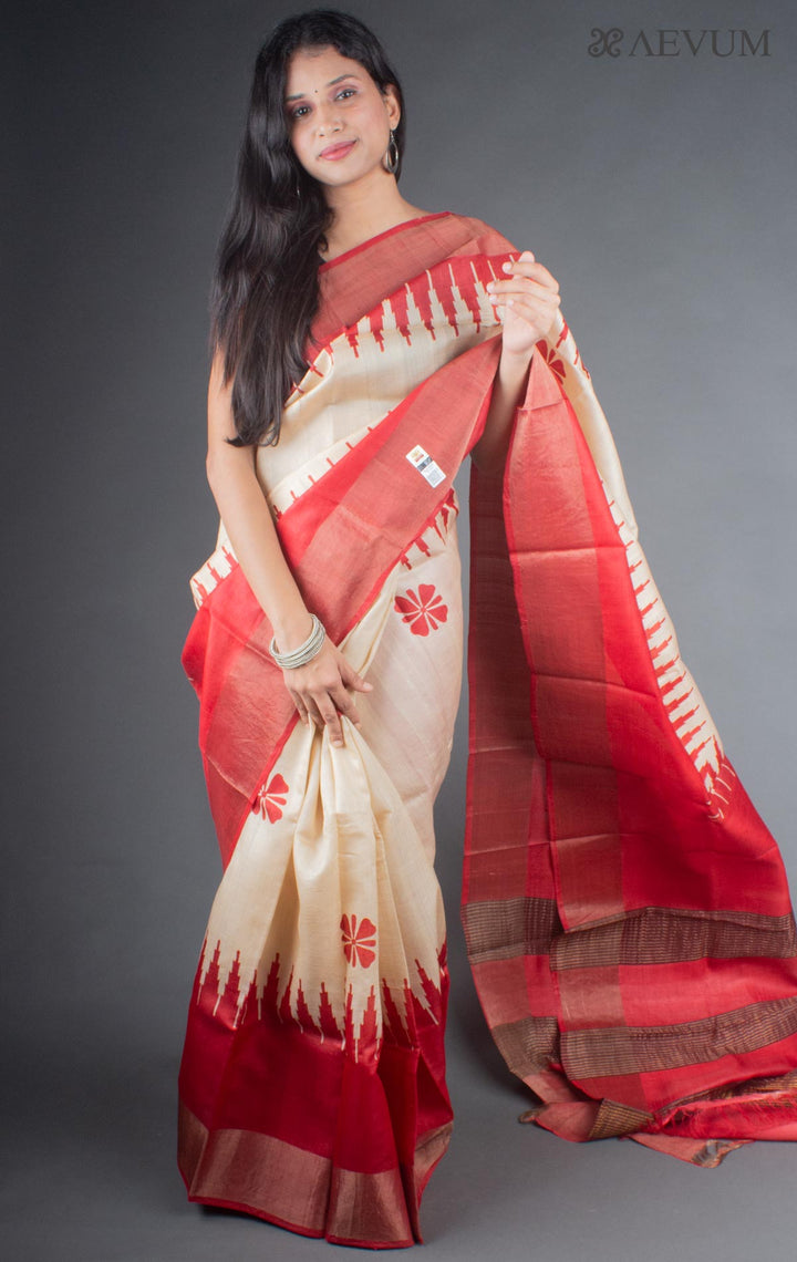 Zari Tussar Silk Saree Hand Block Printed with Silk Mark - 6670 - AEVUM