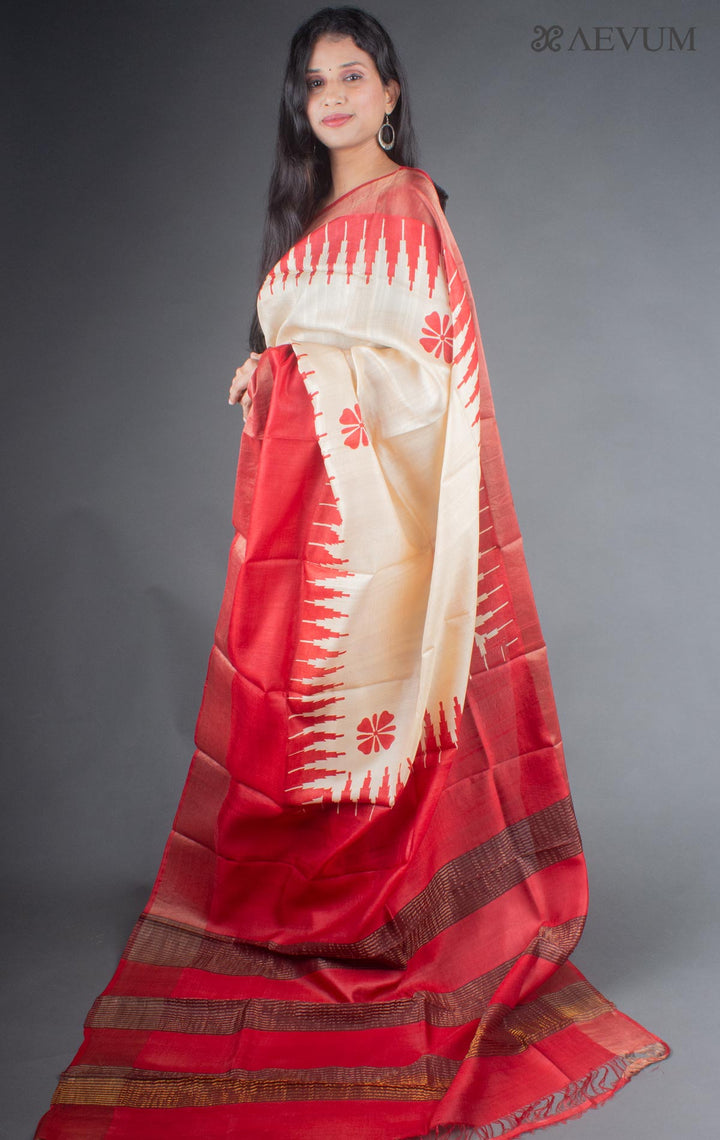 Zari Tussar Silk Saree Hand Block Printed with Silk Mark - 6670 - AEVUM