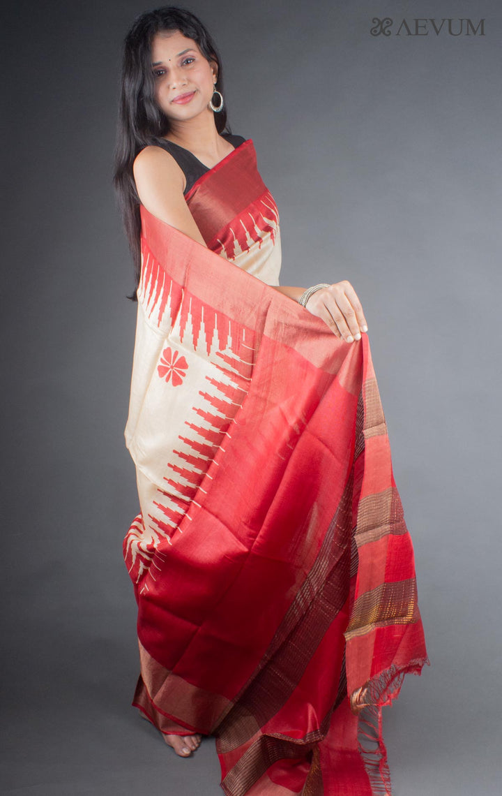 Zari Tussar Silk Saree Hand Block Printed with Silk Mark - 6670 - AEVUM