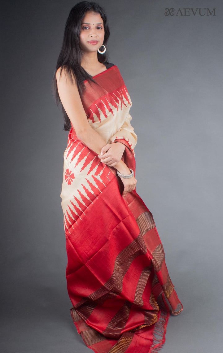 Zari Tussar Silk Saree Hand Block Printed with Silk Mark - 6670 - AEVUM