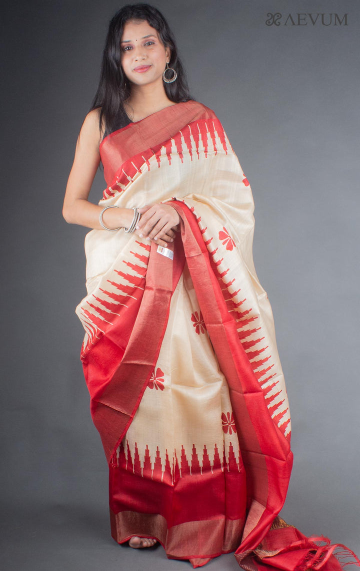 Zari Tussar Silk Saree Hand Block Printed with Silk Mark - 6670 - AEVUM