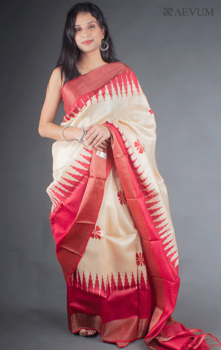 Zari Tussar Silk Saree Hand Block Printed with Silk Mark - 6670 - AEVUM