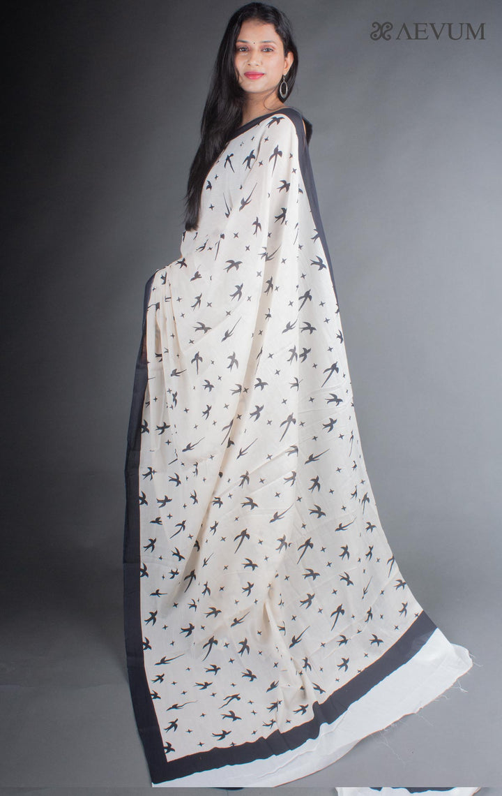 Mulmul Cotton Hand Block Printed Saree - 7008 - AEVUM