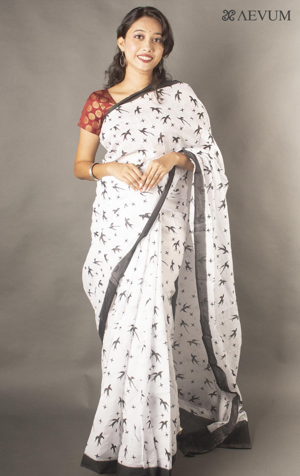 Mulmul Cotton Hand Block Printed Saree - 7008 - AEVUM