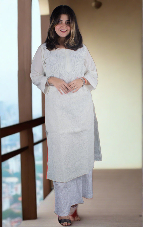 Hand Embroidered Lucknowi Chikankari Kurti - 7181 - AEVUM