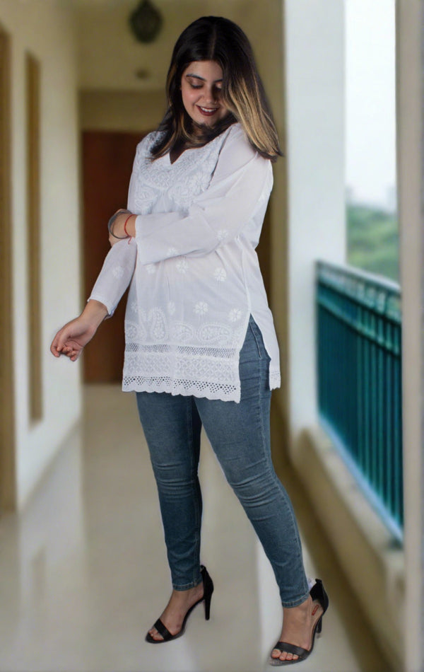 Hand Embroidered Lucknowi Chikankari Short Kurti - 7200 - AEVUM