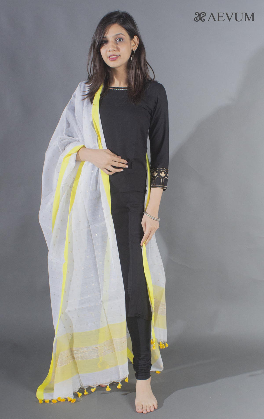 Handloom White Muslin Dupatta with a Khadi Stripe & Sequin - 8497 Dupatta AEVUM