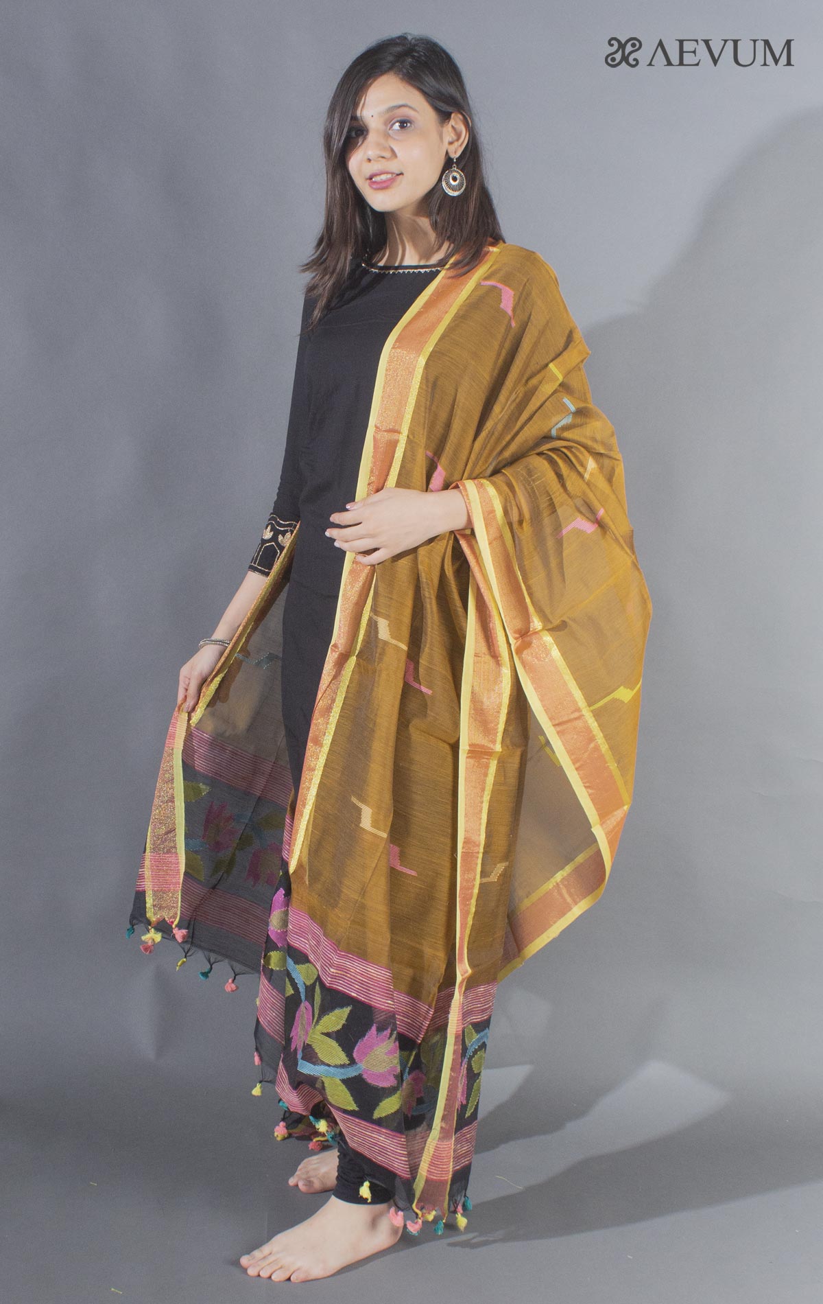 Dark Peach - Jamdani Buti Mulberry Silk Handloom Dupatta with Tassels 31