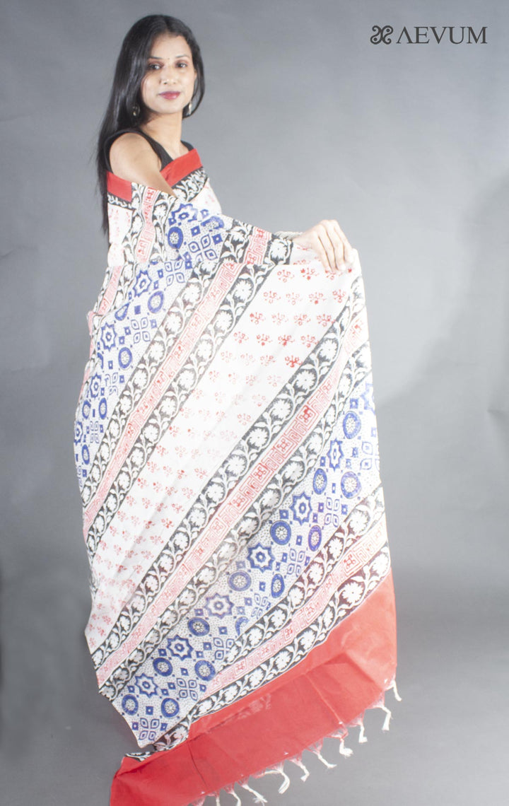 Tant Block Printed Cotton Saree without Blouse Piece - 8705 Saree Joydeep Ganguly   