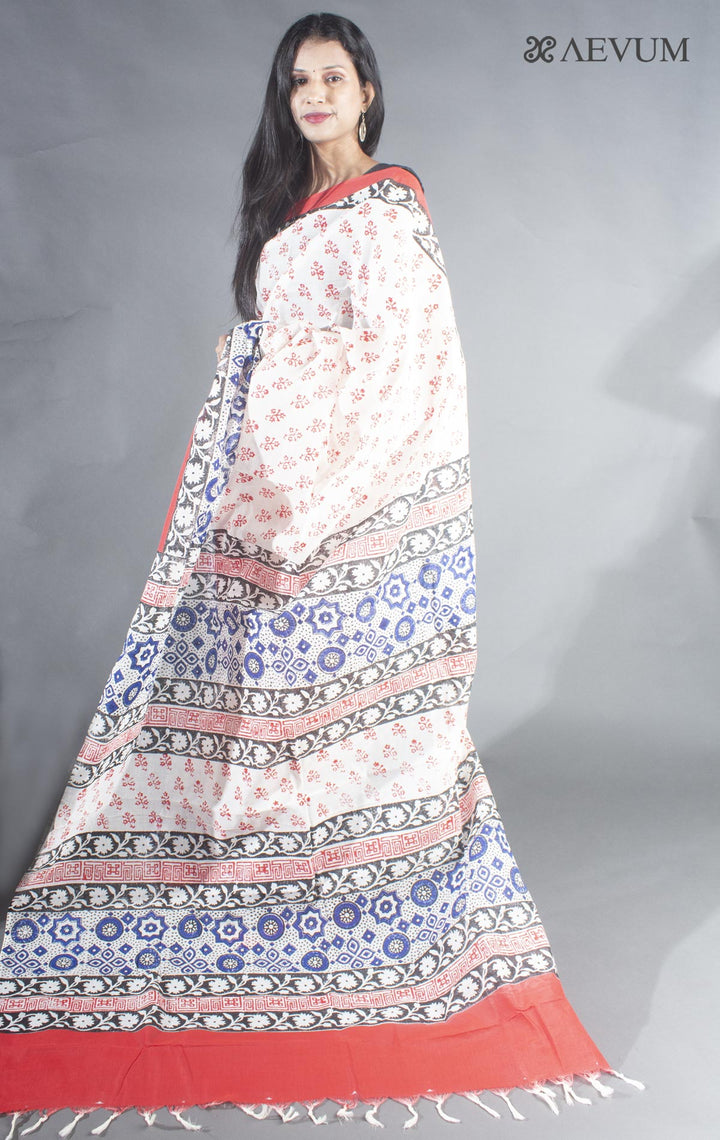 Tant Block Printed Cotton Saree without Blouse Piece - 8705 Saree Joydeep Ganguly   