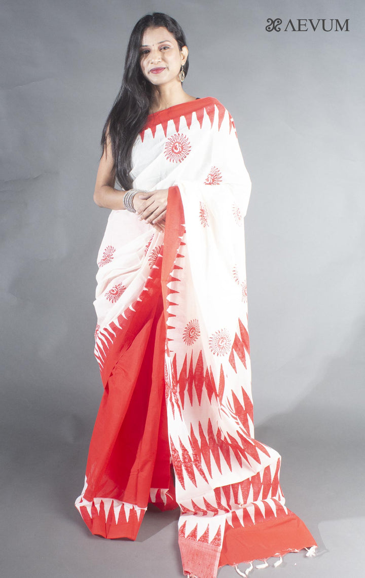 Tant Block Printed Cotton Saree without Blouse Piece - 8709 Saree Joydeep Ganguly   